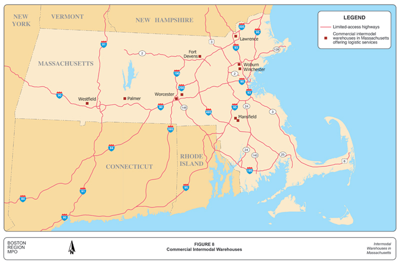 FIGURE 8. Commercial Intermodal Warehouses
This figure is a map of Massachusetts that shows the limited-access highway system and the approximate locations of the 10 intermodal warehouses that are described individually in the subsequent section. 
